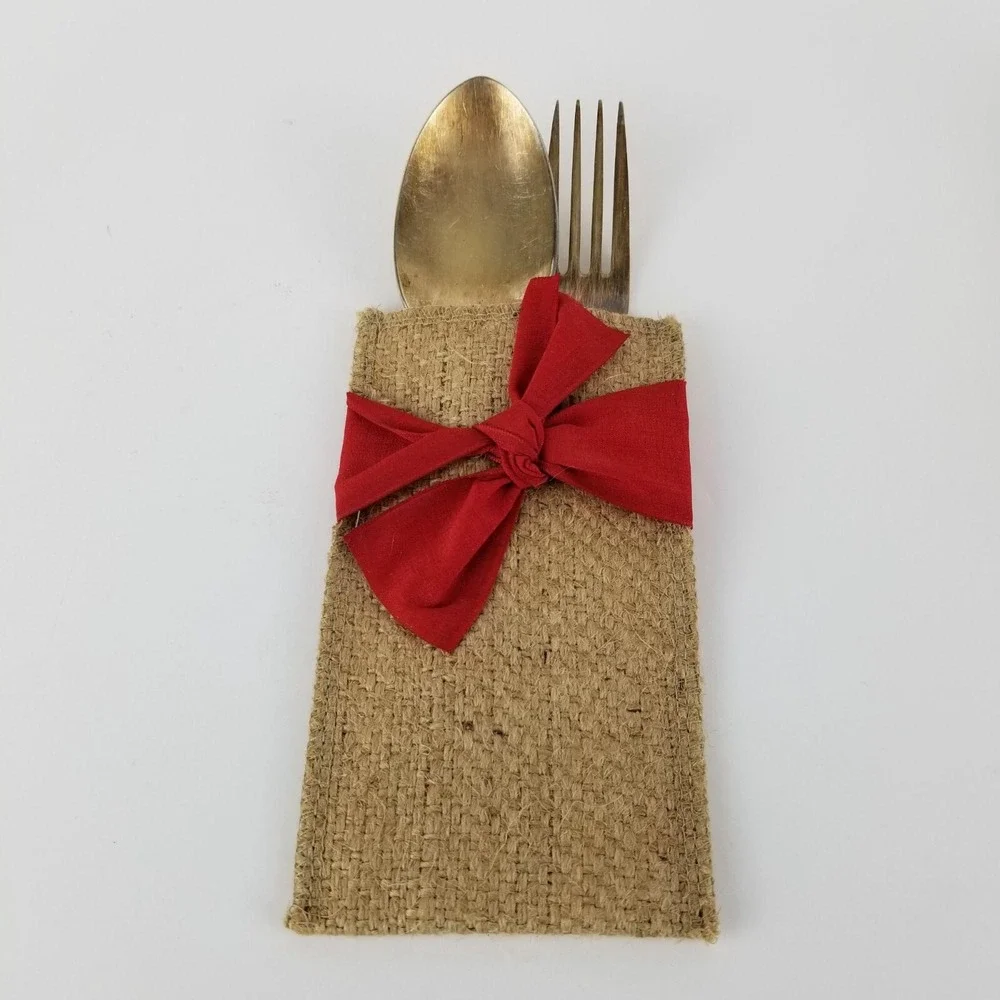 New‎ Le Cadeaux Boutique Jute Silverware Pouches Red Bows Set of Eight - 407